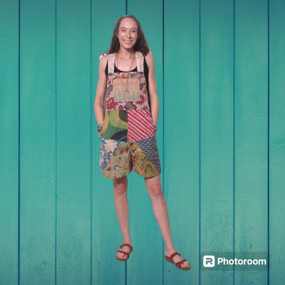 SALE! NWT Patchwork Cotton Overall Shorts-Medium - Picture 9 of 9